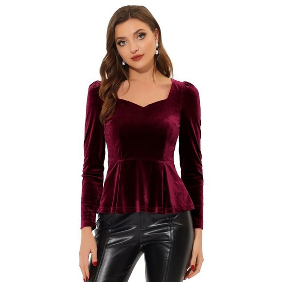 Allegra K Tops - New Velvet Blouse Sweetheart Neck Long Sleeve Peplum Top Burgundy